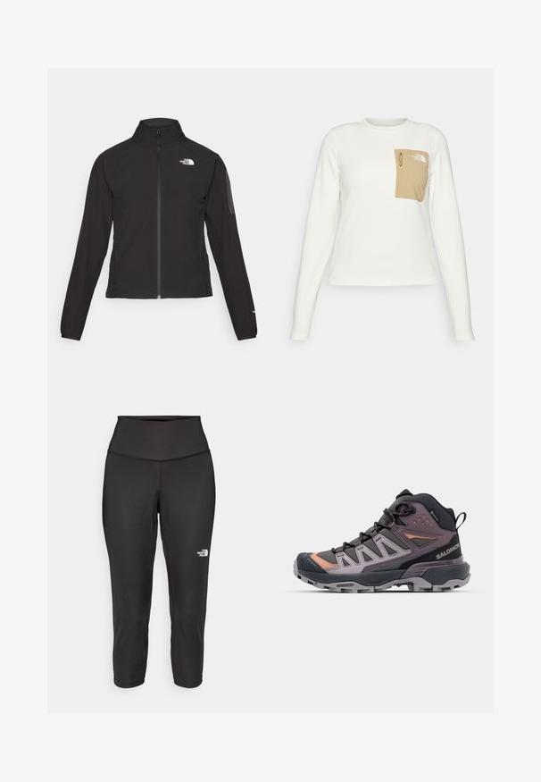 Schwarze Zip-Jacke mit hohem Kragen, strukturiertem Stoff und Logo auf der linken Brust. Verfügt über lange Ärmel und eine taillierte Passform.; Weißes Langarmhemd aus strukturiertem Stoff mit einer beigen aufgesetzten Tasche, die einen Kordelzug und ein Logo trägt.; Schwarze Capri-Leggings aus dehnbarem Stoff mit einem hohen Bund und einem kleinen weißen Logo auf der linken Seite. Glatte Textur.; Hochformatige Wanderschuhe mit einem synthetischen Obermaterial in Schwarz, Grau und Lavendel, einer strukturierten Sohle und grauen Schnürsenkeln, ausgestattet mit einer verstärkten Zehenkappe.