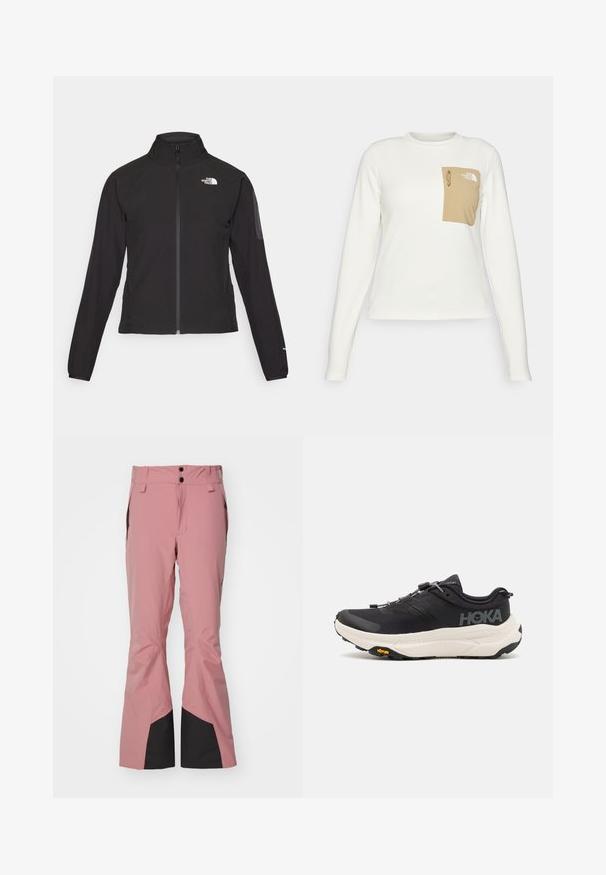 Schwarze Zip-Jacke mit hohem Kragen, strukturiertem Stoff und Logo auf der linken Brust. Verfügt über lange Ärmel und eine taillierte Passform.; Weißes Langarmhemd aus strukturiertem Stoff mit einer beigen aufgesetzten Tasche, die einen Kordelzug und ein Logo trägt.; Rosa Skihosen aus wasserfestem Material, mit weitem Beindesign, schwarzen Akzenten an den Knöcheln und zwei Frontknöpfen an der Taille.; Schwarze Sportschuhe mit einem atmungsaktiven Mesh-Obermaterial, Gummisohle, weißem dämpfenden Zwischensohle und reflektierenden Schnürsenkeln. Vibram-Logo auf der Sohle.