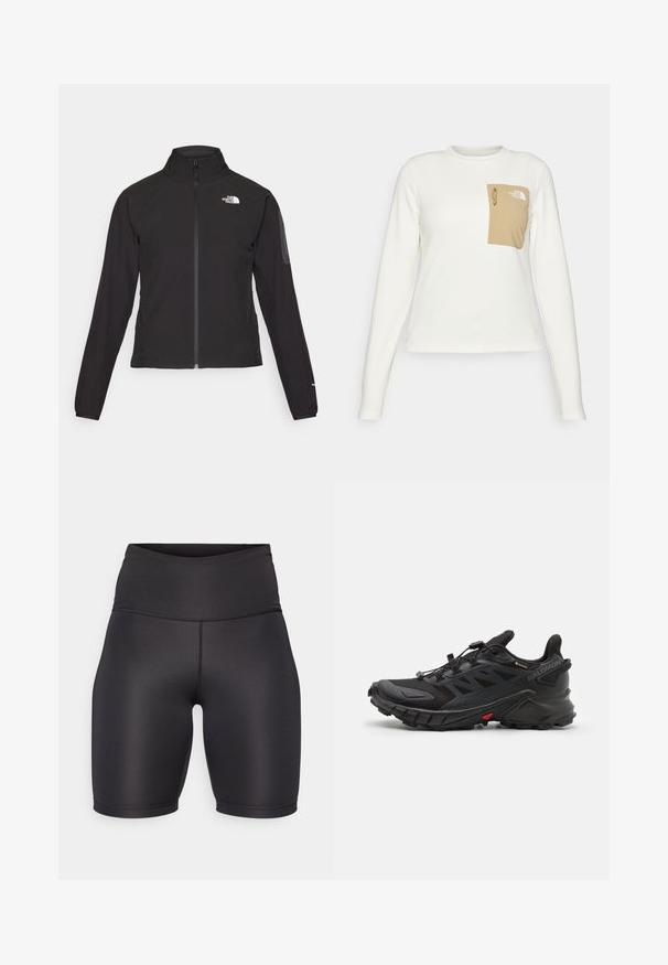 Chaqueta negra con cremallera y cuello alto, de tela texturizada, y logo en el lado izquierdo del pecho. Con mangas largas y un diseño ajustado.; Camisa blanca de manga larga hecha de tejido texturizado, con un bolsillo de parche beige que presenta un cordón y un logo.; Pantalones cortos deportivos negros con una cintura alta, hechos de un tejido suave y elástico. Presentan un diseño sin costuras y un corte hasta la rodilla.; Zapatillas deportivas negras con una parte superior texturizada, que cuentan con un sistema de cordones seguro, una suela acolchada y un destacado acento rojo en el costado.
