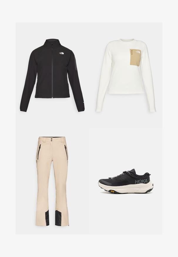 Černá zipová bunda s vysokým límcem, texturovaná tkanina a logo na levé hrudi. Má dlouhé rukávy a přiléhavý design.; Bílá košile s dlouhým rukávem vyrobená z texturované látky, s béžovou náprsní kapsou, která má šňůrku a logo.; Beige lyžařské kalhoty s ribbeným vzorem, vybavené dvěma zipovými bočními kapsami, černým akcentem na manžetách a dvoubotkovým pasem.; Černé sportovní boty s prodyšným síťovaným svrškem, gumovou podrážkou, bílou polstrovanou mezipodrážkou a reflexními tkaničkami. Logo Vibram na podrážce.