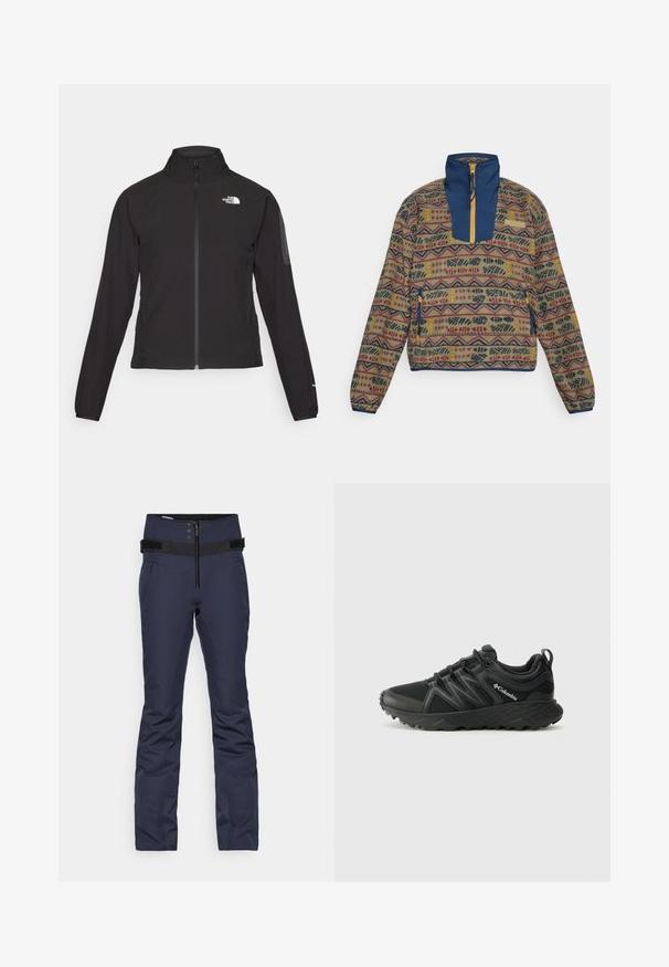 Black zip-up jacket with a high collar, textured fabric, and logo on the left chest. Features long sleeves and a fitted design.; Multi-colored pullover jacket with a patterned fleece body, navy collar and chest panel, zip closure, and side pocket with yellow accent.; Navy blue ski pants with a fitted design, featuring a high waistband, three buttons, a zippered front, and two side pockets.; Columbia PEAKFREAK - Hiking shoes - black