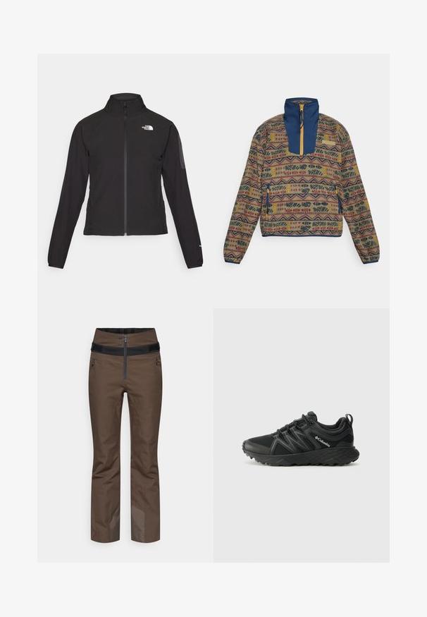 Sort zip-jacket med høj krave, struktureret stof og logo på venstre bryst. Har lange ærmer og en tætsiddende design.; Mønstret fleecepulloverjakke i flere farver med marineblå krave og brystpanel, lynlåsede lukning og sidelomme med gul accent.; Brune isolerede bukser med højt taljebånd, sort lynlås, sidelommer og forstærkede nederste kanter for holdbarhed.; Columbia PEAKFREAK - Hikingsko - black