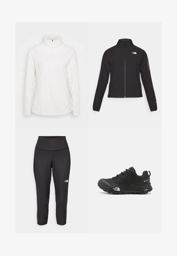 Zwarte zip-up jas met een hoge kraag, textuurstof en een logo op de linker borst. Beschikt over lange mouwen en een slim fit ontwerp.; Witte fleece pullover met een hoge kraag en een halve rits, voorzien van raglanmouwen en een gladde textuur. Eenvoudig en functioneel ontwerp.; Zwarte capri-legging gemaakt van rekbare stof, met een hoge tailleband en een klein wit logo aan de linkerkant. Glad textuur.; Zwarte wandelschoen met een gestructureerde bovenkant, vetersluiting en een stevige rubberen zool met een opvallend logo aan de zijkant en profielpatronen.