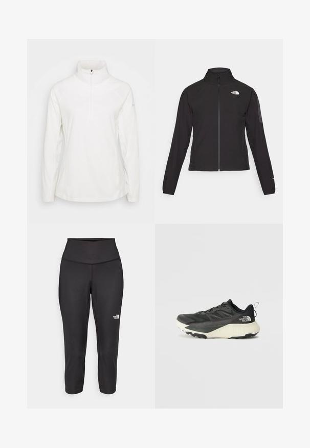 Casaco preto com fecho zip e gola alta, em tecido texturizado, com logo no lado esquerdo do peito. Apresenta mangas longas e um design ajustado.; Pullover branco de felpa com gola alta e fecho de zip de meio comprimento, com mangas raglan e uma textura suave. Design simples e funcional.; Leggings capri pretos feitos de um tecido elástico, com uma cintura alta e um pequeno logótipo branco no lado esquerdo. Textura suave.; Shoe atlético preto com um cabedal texturizado, apresentando detalhes em cinza e uma entressola branca. Inclui uma alça e um logótipo da marca em destaque no calcanhar.