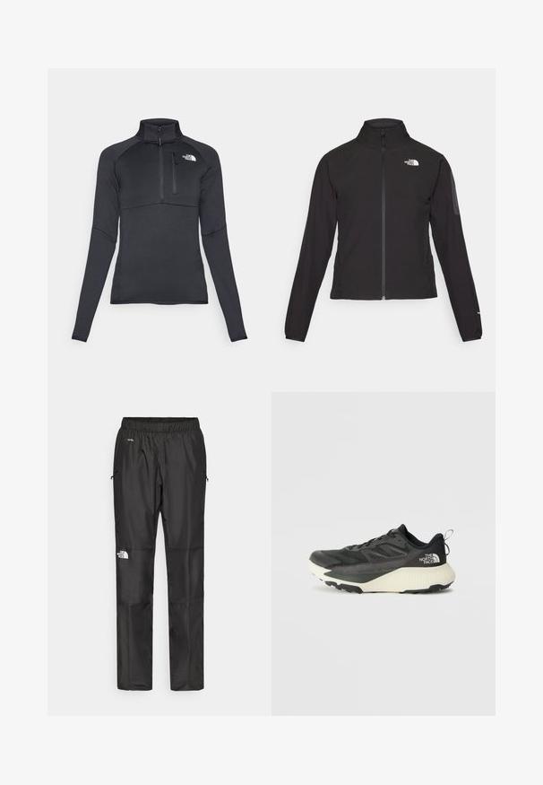 Černá zipová bunda s vysokým límcem, texturovaná tkanina a logo na levé hrudi. Má dlouhé rukávy a přiléhavý design.; Černý dlouhý rukáv pulovr s polovičním zipem na límci, s náprsní kapsou a bílým logem na levé straně. Hladká, pružná tkanina.; Černé voděodolné kalhoty vyrobené z lehkého materiálu, mají elastický pas, boční kapsy a logo na levé noze.; Černá sportovní bota s texturovaným svrškem, s šedými akcenty a bílou mezipodešví. Obsahuje poutko a výrazné logo značky na patě.