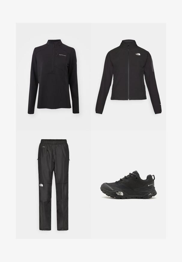 Mustat vetoketjullinen takki, jossa on korkea kaulus, teksturoitu kangas ja logo vasemmassa rinnassa. Ominaisuuksiin kuuluvat pitkät hihat ja slim fit -muotoilu.; Mustat pitkät hihat pulloveri, joka on valmistettu teksturoidusta materiaalista. Mallissa on puolikuvioinen vetoketju, korkea kaulus ja vetoketjullinen rintatasku. Brändin logo edessä.; Mustat vettä hylkivät housut kevyestä kankaasta, joissa on joustava vyötärö, sivutaskut ja logo vasemmassa lahkeessa.; Musta vaelluskengä, jossa on teksturoitu päällinen, nauhakiinnitys ja paksu kumipohja, jossa on näkyvä logo sivulla ja kavennuskuviointi.