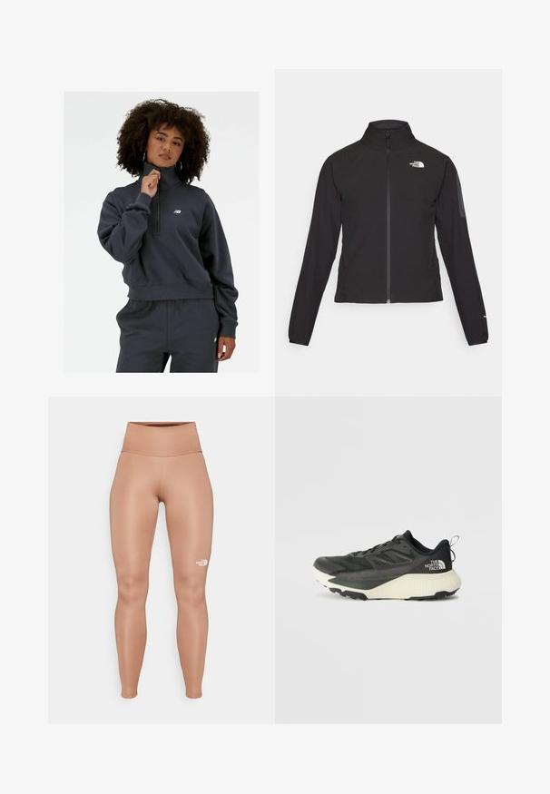Mustmustabiga must jakk, millel on kõrge krae, tekstureeritud kangas ja logo vasakul rinnal. Omab pikki varrukaid ja sobivat disaini.; New Balance ATHLETICS REMASTERED FRENCH TERRY 1/4 ZIP - Pusa - blacktop; Kõrge vöökoha ja kehakujulised legginsid heledates pruunides toonides. Valmistatud siledast ja venivast materjalist, vasakul reitel on valge logo.; Musty mustusjalats musta pealisega, millel on tekstuur, hallid aktsendid ja valge vaheosa. Sisaldab tõmbeosa ning silmapaistvat brändi logo kandadel.
