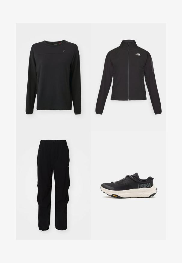 Giacca nera con zip e colletto alto, tessuto testurizzato e logo sul lato sinistro del petto. Presenta maniche lunghe e un design aderente.; Maglietta nera a maniche lunghe con tessuto testurizzato, collo rotondo e un logo discreto sul petto. Presenta una vestibilità rilassata e dettagli cuciti.; Pantaloni neri da esterno realizzati in materiale resistente, con vestibilità rilassata, cintura elastica e polsini regolabili per lunghezza adattabile.; Scarpe da ginnastica nere con tomaia in mesh traspirante, suola in gomma, intersuola bianca ammortizzante e lacci riflettenti. Logo Vibram sulla suola.