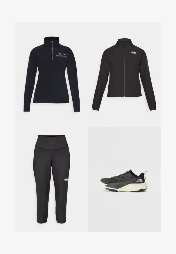 Svart zip-up jacka med hög krage, texturerat tyg och logotyp på vänster bröst. Har långa ärmar och en figursydd design.; Svart fleece-tröja med hög krage, halvzip-stängning och bröstficka. Har en logotyp på övre vänster sida och kontrasterande detaljer.; Svarta capri leggings tillverkade av stretchigt tyg, med hög midja och en liten vit logotyp på vänster sida. Slät yta.; Svart atletisk sko med en texturerad ovandel, med grå accenter och en vit mellanläggssula. Inkluderar en dragtab och en framträdande varumärkeslogotyp på hälen.