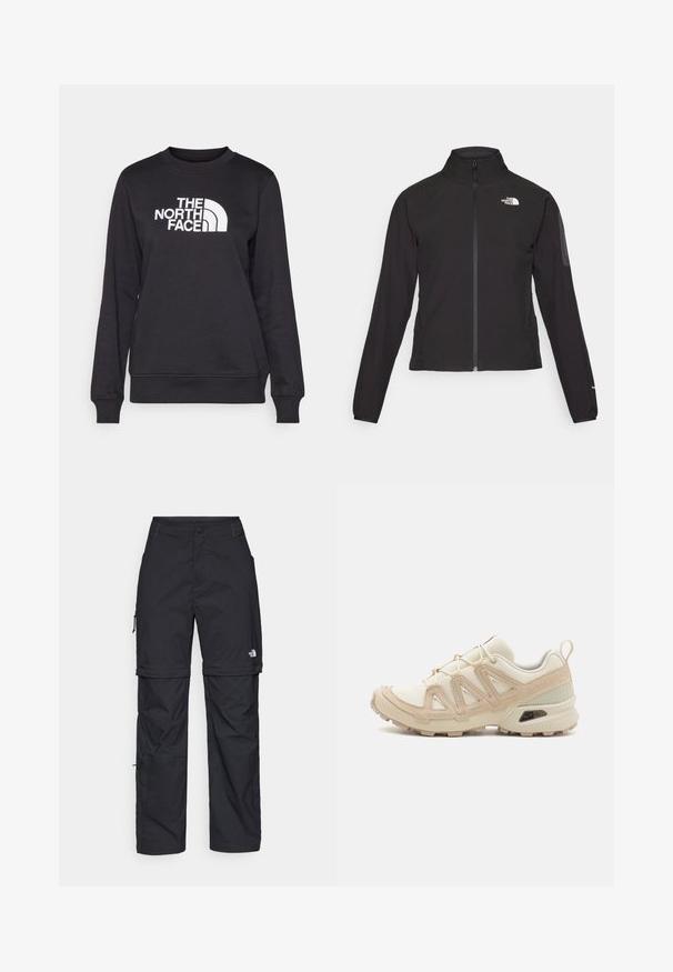 Črna zip-up jakna z visokim ovratnikom, teksturirano blago in logotipom na levem prsnem delu. Ima dolge rokave in prilega se.; Črna dukserica s širokim ovratnikom, dolgimi rokavi, rebrastimi zapestji in belim logotipom "The North Face" v središču spredaj. Gladka tekstura.; Črne najlon hlače z zipom, ki se lahko odstranijo, s prilagodljivimi manšetami, več žepi in logotipom na desni nogi. Gladka, lahka tekstura.; Bež in krem športni čevlji z teksturiranim mrežastim zgornjim delom, podpornimi prekrivali in gumijastim podplatom z vzorcem za oprijem.