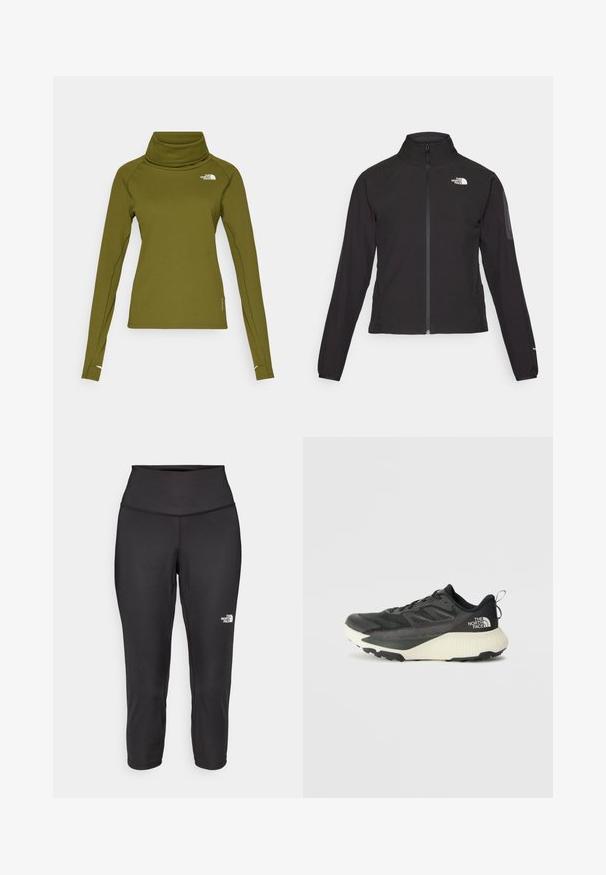 Mustmustabiga must jakk, millel on kõrge krae, tekstureeritud kangas ja logo vasakul rinnal. Omab pikki varrukaid ja sobivat disaini.; The North Face BASELAYER DRAGLINE LS - Pusa - forest olive; Mustad mustad capri retuusid on valmistatud elastsetest kangast, millel on kõrge vöökoht ja väike valge logo vasakul küljel. Sile tekstuur.; Musty mustusjalats musta pealisega, millel on tekstuur, hallid aktsendid ja valge vaheosa. Sisaldab tõmbeosa ning silmapaistvat brändi logo kandadel.