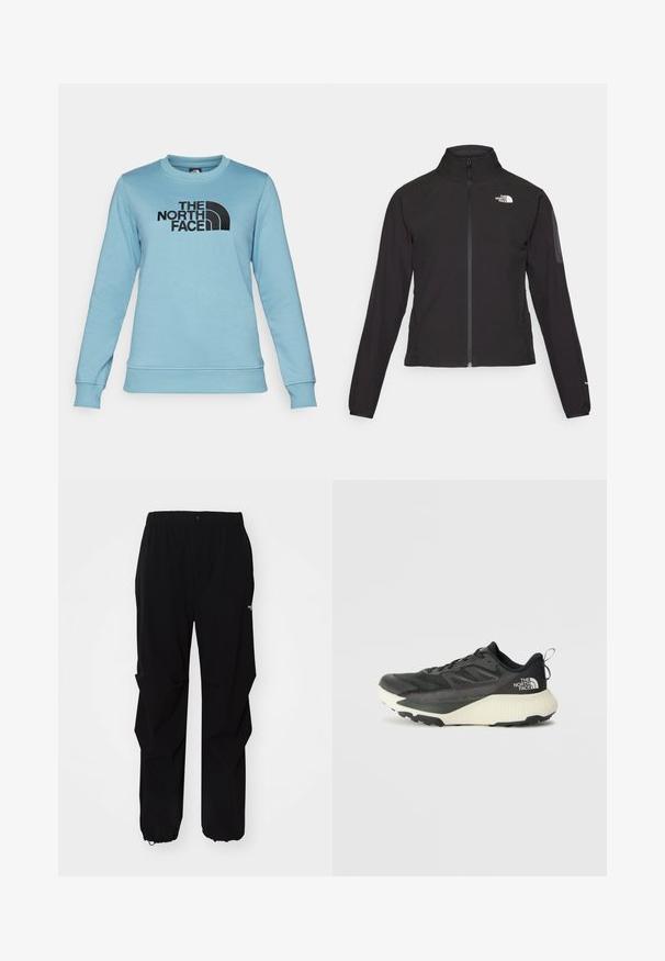Black zip-up jacket with a high collar, textured fabric, and logo on the left chest. Features long sleeves and a fitted design.; The North Face DREW PEAK CREW - Sweatshirt - algae blue; Black outdoor pants made from durable material, featuring a relaxed fit, elastic waistband, and cinched cuffs for adjustable length.; Black athletic shoe with a textured upper, featuring gray accents and a white midsole. Includes a pull tab and prominent brand logo on the heel.