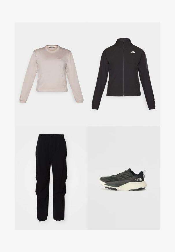 Black zip-up jacket with a high collar, textured fabric, and logo on the left chest. Features long sleeves and a fitted design.; Long-sleeve, light beige sports shirt made of textured, breathable fabric with a round neck and subtle logo on the chest.; Black outdoor pants made from durable material, featuring a relaxed fit, elastic waistband, and cinched cuffs for adjustable length.; Black athletic shoe with a textured upper, featuring gray accents and a white midsole. Includes a pull tab and prominent brand logo on the heel.