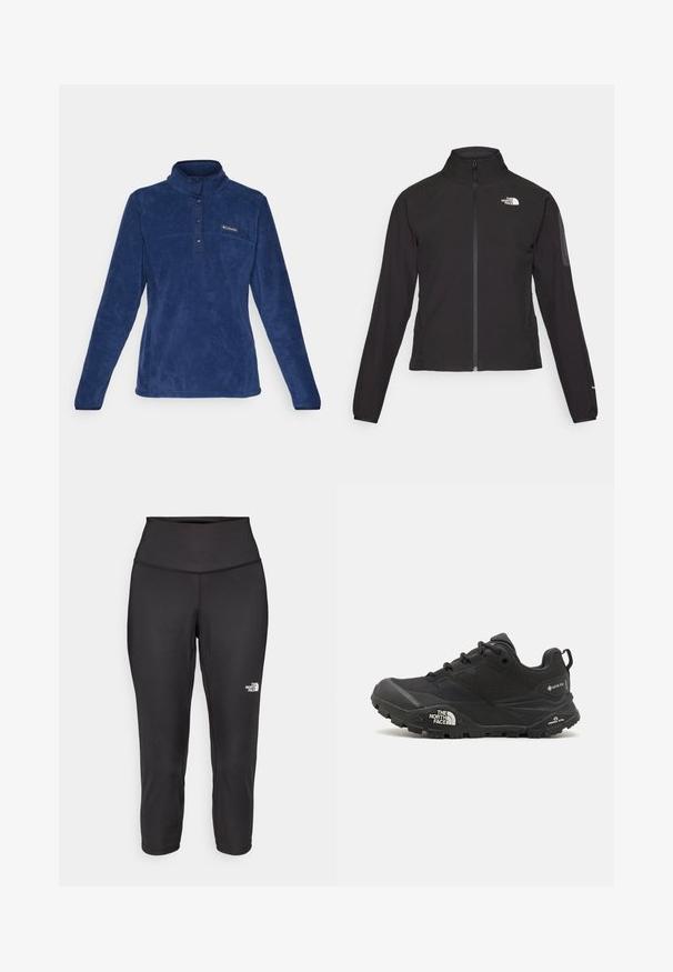 Juodas zip-up švarkas su aukšta apykakle, tekstūruotu audiniu ir logotipu kairėje krūtinės pusėje. Pasižymi ilgu rankovėmis ir prigludusia forma.; Mėlynas fliso megztinis su aukštu apykakle, turintis pusiau mygtukų priekinę dalį, tekstūruotą audinį ir mažą logotipą kairėje viršuje.; Juodos capri tipo leggingai, pagaminti iš tamprios medžiagos, su aukštu juosmeniu ir mažu baltu logotipu kairėje pusėje. Lygi tekstūra.; Juodas žygio batelis su tekstūruotu viršumi, su raištelių uždarymu ir storu guminiu padu, ant šono išryškintas logotipas ir raštiškai išpjauti modeliai.