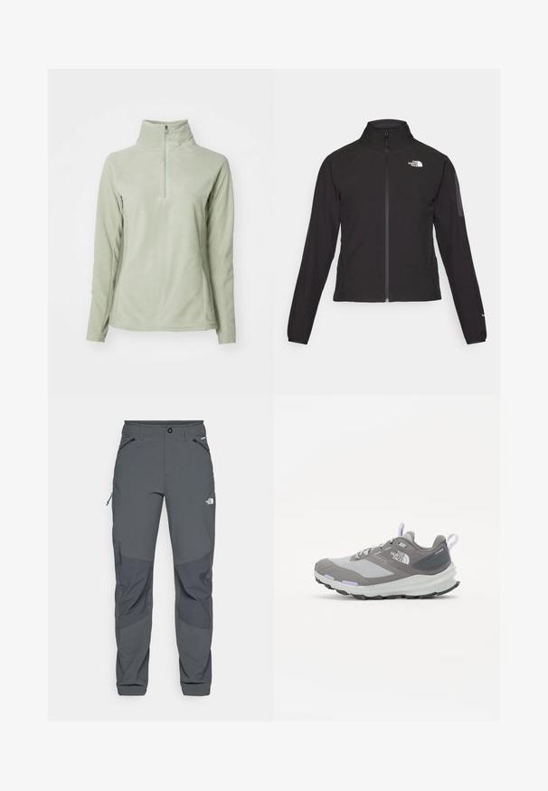 Črna zip-up jakna z visokim ovratnikom, teksturirano blago in logotipom na levem prsnem delu. Ima dolge rokave in prilega se.; Svetlo zelena flis pulover s visokim ovratnikom in kratkim zadrgo. Ima dolge rokave in gladko, mehak teksturo.; Temno sivi zunanji hlače z ojačanimi koleni, zadrgo na stranskih in sprednjih žepih, gumbom za zapiranje ter logotipom The North Face na stegnu.; Sive teka čevlja s mrežasto in sintetično oblogo, ki ima vijolične detajle, teksturirano podplat in zanko na peti za lažje obuvanje.