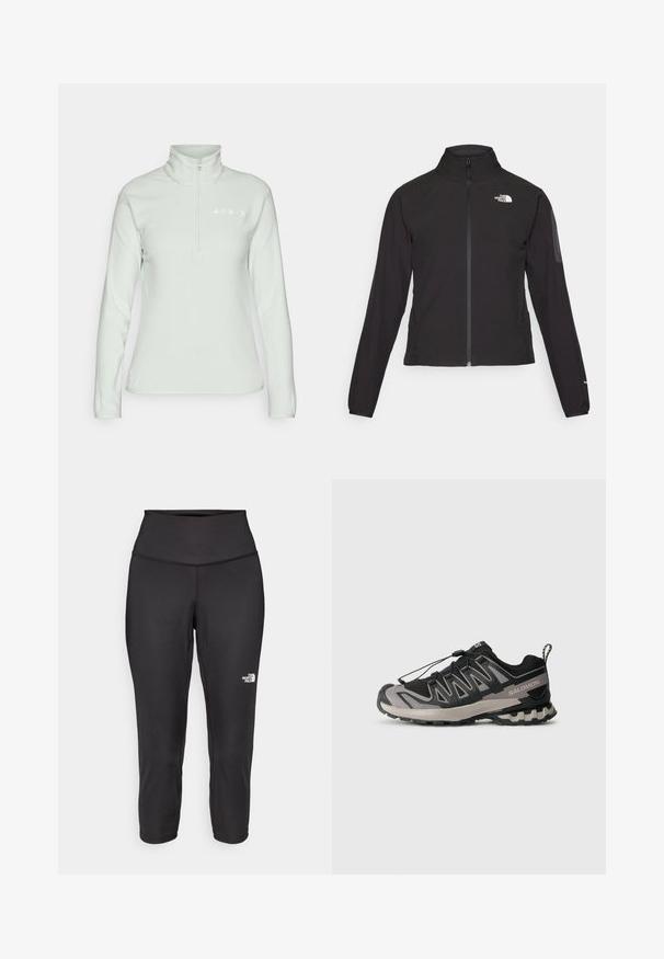 Črna zip-up jakna z visokim ovratnikom, teksturirano blago in logotipom na levem prsnem delu. Ima dolge rokave in prilega se.; adidas Terrex Pulover iz flisa - linen green; Črne capri legice iz raztegljive tkanine, z visokim pasom in majhnim belim logotipom na levi strani. Gladka tekstura.; Črne in sive športne čevlje z mrežasto zgornjim delom, gumijastim podplatom in elastiko za vezalke. Imajo ojačan prst in teksturirane detajle.