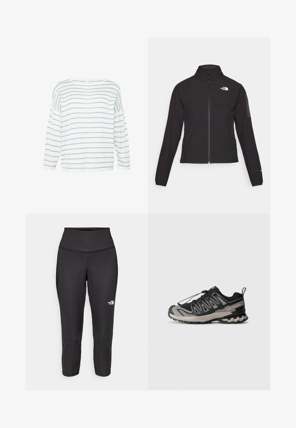 Schwarze Zip-Jacke mit hohem Kragen, strukturiertem Stoff und Logo auf der linken Brust. Verfügt über lange Ärmel und eine taillierte Passform.; Weißes Langarmoberteil mit blauen horizontalen Streifen. Verfügt über einen weitem Ausschnitt und eine lockere Passform, hergestellt aus weichem Stoff mit glatter Textur.; Schwarze Capri-Leggings aus dehnbarem Stoff mit einem hohen Bund und einem kleinen weißen Logo auf der linken Seite. Glatte Textur.; Schwarzer und grauer Sportschuh mit einem Obermaterial aus Mesh, Gummisohle und elastischem Schnürsystem. Verfügt über eine verstärkte Zehenkappe und strukturierte Akzente.