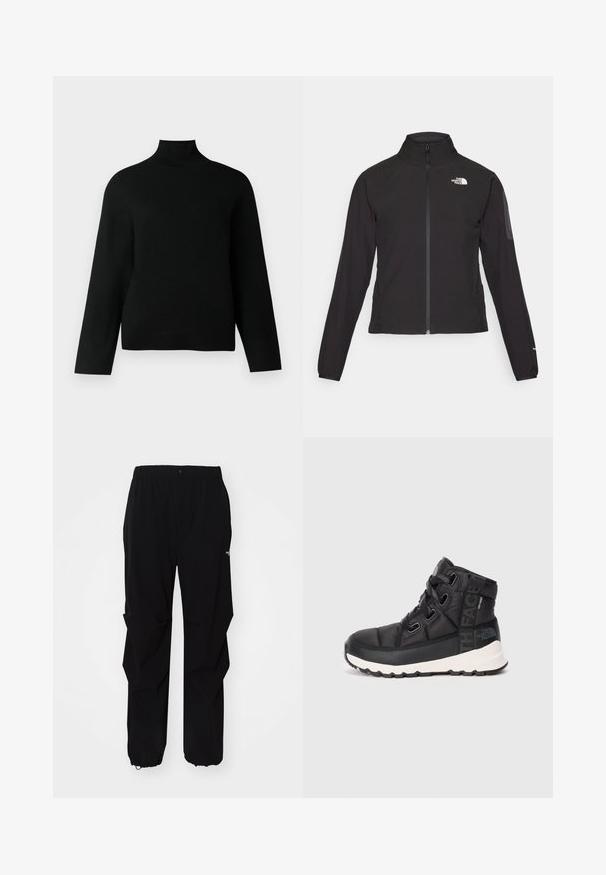 Giacca nera con zip e colletto alto, tessuto testurizzato e logo sul lato sinistro del petto. Presenta maniche lunghe e un design aderente.; Maglione a collo alto di colore nero realizzato in morbido tessuto a maglia, con maniche lunghe e una vestibilità comoda. Tessuto liscio senza motivi o dettagli visibili.; Pantaloni neri da esterno realizzati in materiale resistente, con vestibilità rilassata, cintura elastica e polsini regolabili per lunghezza adattabile.; Stivali da trekking neri a metà altezza con finitura a trama, lacci regolabili e suola in gomma bianca. Presentano un marchio sul lato.