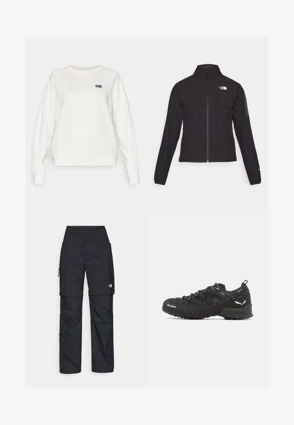 Casaco preto com fecho zip e gola alta, em tecido texturizado, com logo no lado esquerdo do peito. Apresenta mangas longas e um design ajustado.; Patagonia ESSENTIAL TOP - Camisola - wool white; Calças cargo pretas em nylon com fechos de correr removíveis, punhos ajustáveis, múltiplos bolsos e um logótipo na perna direita. Textura suave e leve.; Botas de caminhada pretas com parte superior em tecido texturizado, sistema de atacadores e sola de borracha robusta. Apresentam detalhes refletivos e logótipos.