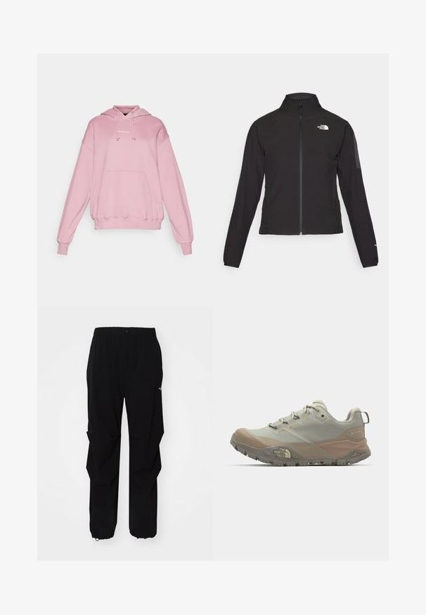 Black zip-up jacket with a high collar, textured fabric, and logo on the left chest. Features long sleeves and a fitted design.; Peak Performance ORIGINAL HOOD - Hoodie - bitter root; Black outdoor pants made from durable material, featuring a relaxed fit, elastic waistband, and cinched cuffs for adjustable length.; Light gray athletic shoe with beige accents, made from synthetic material. Features a rugged sole, lace-up design, and branding on the side.