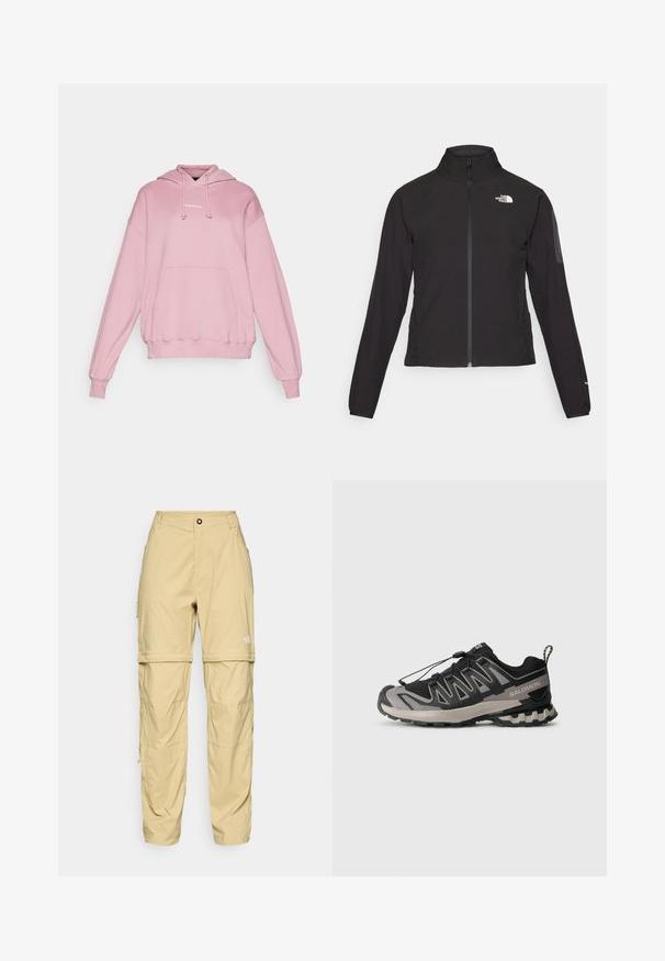 Melna ar rāvējslēdzēju aizdara jaka ar augstu apkakli, teksturētu audumu un logotipu kreisajā krūtī. Satur garas piedurknes un pieguļošu dizainu.; Peak Performance ORIGINAL HOOD - Džemperis ar kapuci - bitter root; Bēžīgas cargo bikses, kas izgatavotas no viegla auduma, ar ar rāvējslēdzējiem sānos, pogu aizdari un logo labajā augšstilbā.; Melnas un pelēkas sporta apavus ar sietveida augšdaļu, gumijas zoli un elastīgu šņorēšanas sistēmu. Iespējama pastiprināta purngala un teksturēti akcenti.