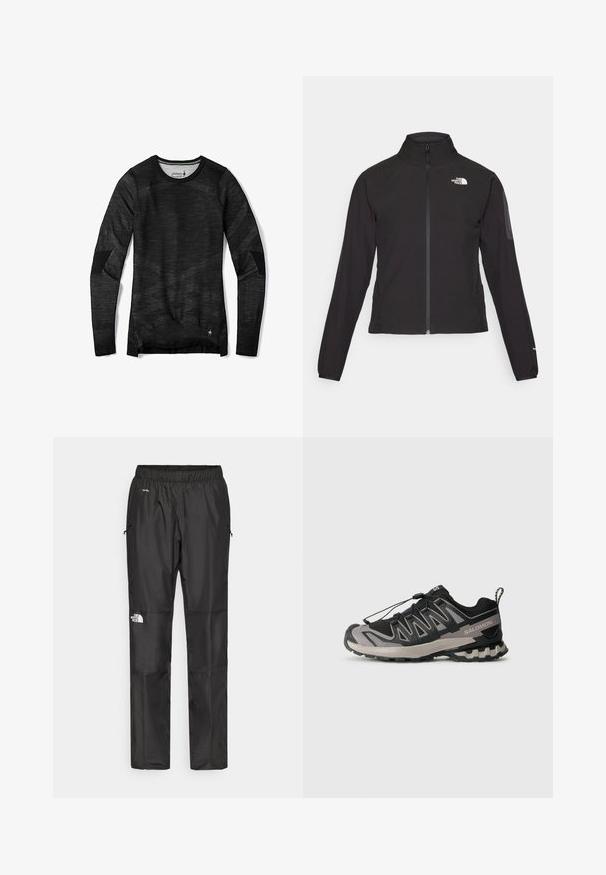 Zwarte zip-up jas met een hoge kraag, textuurstof en een logo op de linker borst. Beschikt over lange mouwen en een slim fit ontwerp.; Zwart shirt met lange mouwen van textuurstof, met een ronde hals, gemusterde stof en versterkte elleboogpatches.; Zwarte waterdichte broek van lichtgewicht stof, uitgerust met een elastische tailleband, zijzakken en een logo op het linkerpijp.; Zwart en grijs sportieve schoen met een bovenwerk van mesh, rubberen zool en een elastisch vetersysteem. Heeft een verstevigde neus en textuuraccenten.
