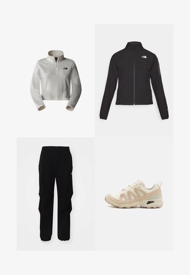 Fekete, cipzáros dzseki magas gallérral, texturált anyagból, bal mellen logóval. Hosszú ujjak és testhezálló fazon jellemzi.; The North Face GLACIER CROPPED ¼ ZIP - Polárpulóver - white dune; Fekete kültéri nadrág, tartós anyagból készült, laza fitnesz, rugalmas derékpánttal és állítható hosszúságú, behúzható szárakkal rendelkezik.; Beige és krém színű sportcipő, texturált hálós felsőrésszel, támogató burkolattal és gumitalppal, amely tapadás érdekében bordázott mintázattal rendelkezik.