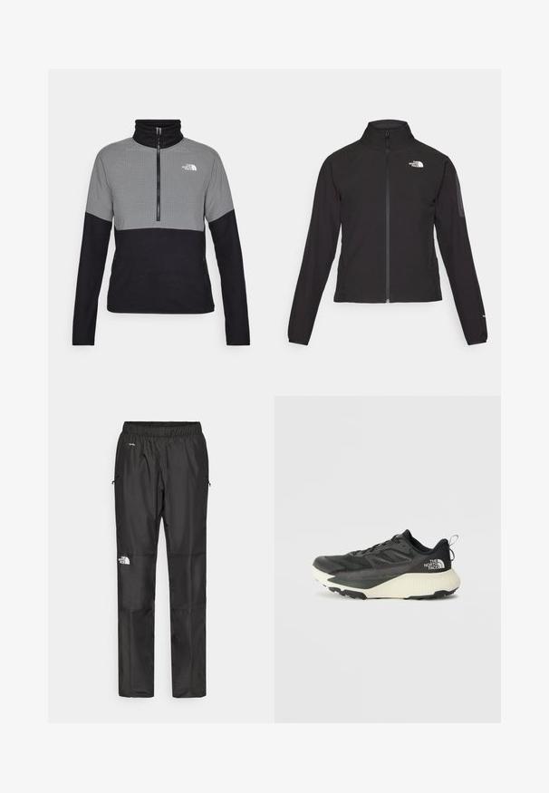 Fekete, cipzáros dzseki magas gallérral, texturált anyagból, bal mellen logóval. Hosszú ujjak és testhezálló fazon jellemzi.; Szürke és fekete gyapjúpulóver, cipzárral, magas gallérral, a felső részén rácsos mintával, oldalzsebekkel.; Fekete vízálló nadrág könnyű anyagból, rugalmas derékkal, oldalsó zsebekkel és logóval a bal lábon.; Fekete sportcipő, texturált felsőrésszel, szürke kiegészítőkkel és fehér középtalppal. Húzófüllel és kiemelkedő márkalandírral a sarkán.