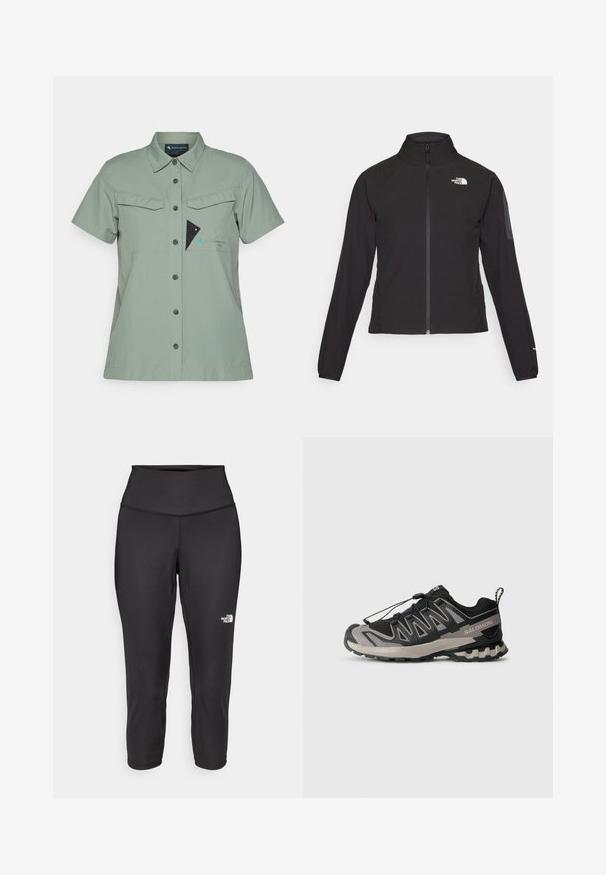 Fekete, cipzáros dzseki magas gallérral, texturált anyagból, bal mellen logóval. Hosszú ujjak és testhezálló fazon jellemzi.; Rövid ujjú, gombos ing világoszöld anyagból, két mellzsebbel, fekete gombokkal, és kék akcentussal ellátott logóval, háromszög alakú mintázattal.; Fekete capri leggings, rugalmas anyagból készült, magas derékkal és egy kis fehér logóval a bal oldalon. Sima tapintású.; Fekete és szürke sportcipő hálós felsővel, gumitalppal és elasztikus fűzőrendszerrel. Erősített orra és textúrázott részletei vannak.