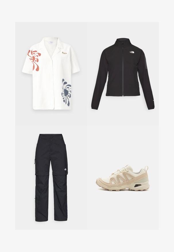 Schwarze Zip-Jacke mit hohem Kragen, strukturiertem Stoff und Logo auf der linken Brust. Verfügt über lange Ärmel und eine taillierte Passform.; Kurzärmliges Leinenhemd in Off-White mit abstrakten roten und marineblauen Mustern. Mit klassischem Kragen und Knopfleiste. Goldenes Logo-Detail.; Schwarze Nylon-Zip-Off-Cargohosen mit verstellbaren Bündchen, mehreren Taschen und einem Logo am rechten Bein. Glatte, leichte Textur.; Beige und cremefarbenen Sportschuh mit strukturiertem Mesh-Obermaterial, unterstützenden Überzügen und Gummisohle mit einem Profilmuster für Bodenhaftung.