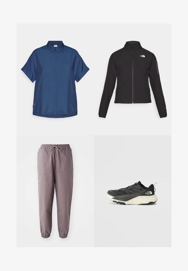 Mustmustabiga must jakk, millel on kõrge krae, tekstureeritud kangas ja logo vasakul rinnal. Omab pikki varrukaid ja sobivat disaini.; Tumedat sinised lühikeste varrukatega särk, mis on valmistatud siledast kangast. Omab klassikalist kraed, ees nuppude sulgemist ning vaba lõiget koos sirge alläärega.; Hallid elastne vöökoht, millel on pael, kahe esipocket ja kitsenevad pahkluud, esitatud valge tausta ees.; Musty mustusjalats musta pealisega, millel on tekstuur, hallid aktsendid ja valge vaheosa. Sisaldab tõmbeosa ning silmapaistvat brändi logo kandadel.