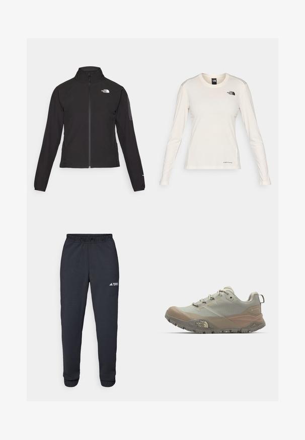 Sort zip-jacket med høj krave, struktureret stof og logo på venstre bryst. Har lange ærmer og en tætsiddende design.; The North Face SHADOW LONG SLEEVE - Langærmet T-shirt - white dune; Sorte træningsbukser lavet af glat stof, med elastisk linning, smalle ben og et lille hvidt logo på venstre lår.; Lys grå sportssko med beige accenter, lavet af syntetisk materiale. Har en robust sål, snørelukning og branding på siden.