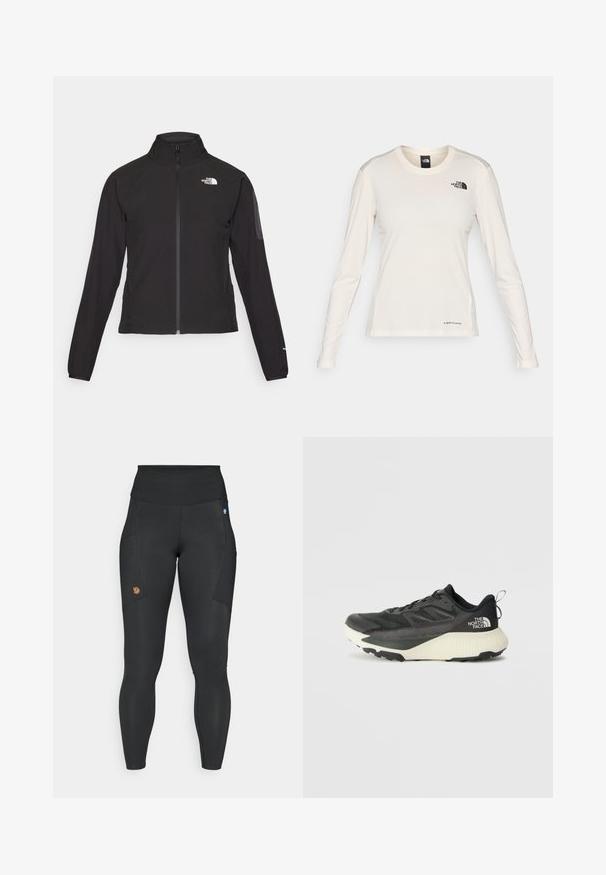 Schwarze Zip-Jacke mit hohem Kragen, strukturiertem Stoff und Logo auf der linken Brust. Verfügt über lange Ärmel und eine taillierte Passform.; The North Face SHADOW LONG SLEEVE - Langarmshirt - white dune; Schwarze Leggings aus elastischem Material mit hohem Bund, seitlichen Taschen und einem kleinen braunen Logo-Patch auf dem linken Oberschenkel.; Schwarzer Sportschuh mit strukturiertem Obermaterial, ausgestattet mit grauen Akzenten und einer weißen Zwischensohle. Enthält eine Zuglasche und ein markantes Markenlogo an der Ferse.