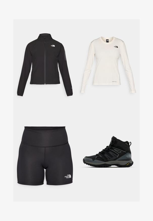 Melna ar rāvējslēdzēju aizdara jaka ar augstu apkakli, teksturētu audumu un logotipu kreisajā krūtī. Satur garas piedurknes un pieguļošu dizainu.; The North Face SHADOW LONG SLEEVE - Tops ar garām piedurknēm - white dune; Melnas sporta šortas, kas izgatavotas no stiepjama auduma, ar augstu jostasvietu un The North Face logo baltā krāsā apakšējā labajā stūrī.; Pusstīgu augstuma pārgājienu zābaki melnā un pelēkā krāsā. Iezīmes: teksturēts augšdaļa, pastiprināta purngala daļa un Vibram zole labākai vilcei. Viegls dizains.