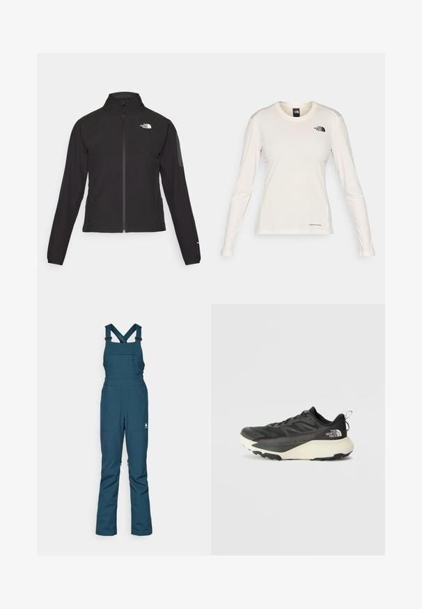 Čierna bunda na zips s vysokým golierom, textúrovanou tkaninou a logom na ľavej hrudi. Má dlhé rukávy a priliehavý strih.; The North Face SHADOW LONG SLEEVE - Top s dlhým rukávom - white dune; Tyrkysový snehový overal s nastaviteľnými popruhmi, zipsom na hrudný vrecko a dvoma bočnými vreckami, vyrobený z odolného, počasiu odolného materiálu.; Čierna atletická obuv s textúrovaným vrchom, s šedými akcentmi a bielou medzipodrážkou. Obsahuje pútko a výrazné logo značky na päte.