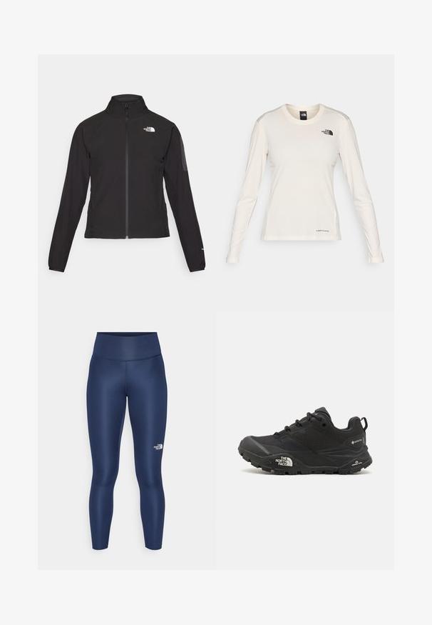 Svart zip-up jakke med høy krage, teksturert stoff, og logo på venstre bryst. Har lange ermer og en tettsittende design.; The North Face SHADOW LONG SLEEVE - Topper langermet - white dune; Mørkeblå leggings laget av strekkstoff, med høy midje og en hvit logo detalj på venstre legg. Jevn tekstur, tettsittende design.; Svart tursko med teksturert overdel, snøring og en kraftig gummisåle som har et fremtredende logo på siden og mønster i sålen.