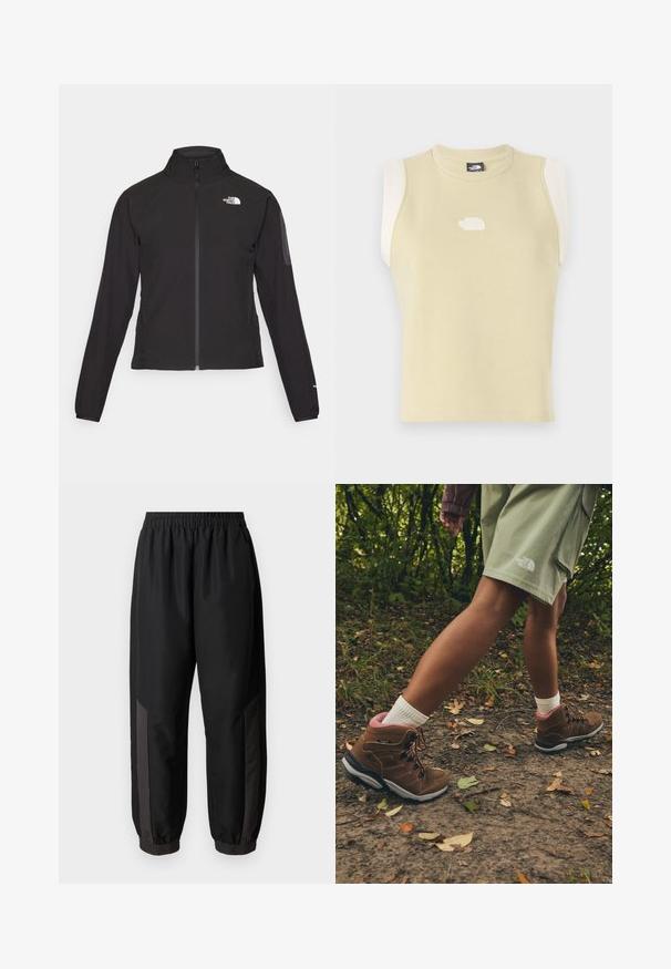 Czarna kurtka zapinana na zamek z wysokim kołnierzem, teksturowana tkanina i logo na lewej piersi. Posiada długie rękawy i dopasowany krój.; Bezrękawnik w pastelowym żółtym kolorze z bawełny, z zaokrąglonym dekoltem. Posiada kontrastowe kremowe panele na ramionach oraz teksturowane logo na klatce piersiowej.; Czarne spodnie treningowe wykonane z gładkiego, lekkiego materiału. Posiadają elastyczny pas, dopasowane mankiety oraz ciemnoszare panele boczne z logo.; Jack Wolfskin REFUGIO PRIME TEXAPORE MID W jasny brąz