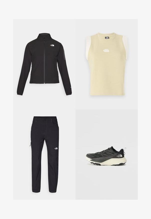 Črna zip-up jakna z visokim ovratnikom, teksturirano blago in logotipom na levem prsnem delu. Ima dolge rokave in prilega se.; Bezrokavnik iz pastelno rumenega bombaža z okroglim izrezom. Vsebuje kontrastne kremne ramenske plošče in teksturiran logo na prsih.; Črne pohodniške hlače iz trpežnega materiala, s straight leg krojem, stranskimi žepi in majhnim belim logotipom na spodnjem delu hlač.; Črne atletske čevlje z teksturiranim zgornjim delom, ki imajo sivo obrobo in belo srednjo podplat. Vključujejo zanko za vprego in izstopajočo blagovno znamko na peti.