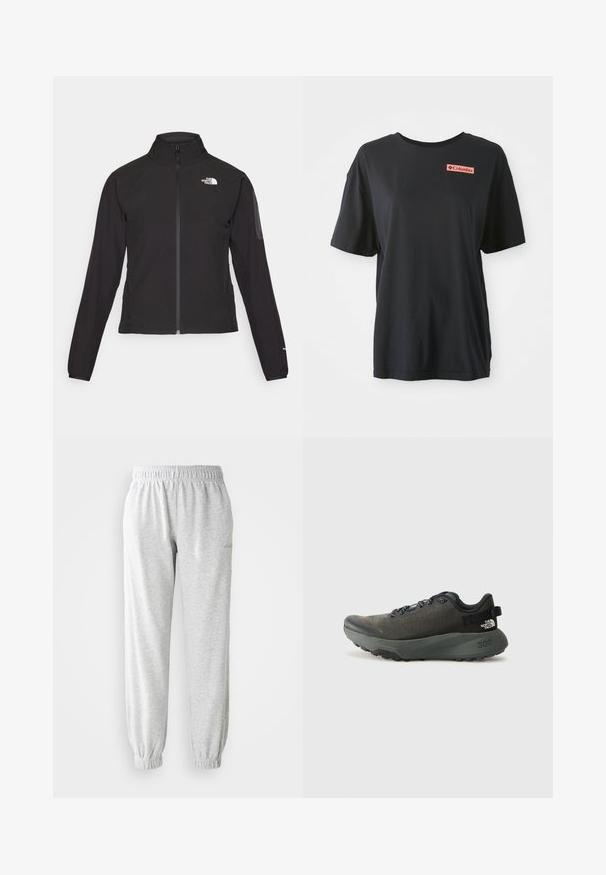 Čierna bunda na zips s vysokým golierom, textúrovanou tkaninou a logom na ľavej hrudi. Má dlhé rukávy a priliehavý strih.; Čierne bavlnené tričko s krátkymi rukávmi, voľný strih a červeným obdĺžnikovým logom na ľavej strane hrude. Hladká textúra a jednoduchý dizajn.; Svetlo šedé tepláky vyrobené z mäkkej tkaniny, s elastickým pásom a zúženými manžetami. Žiadne ďalšie vzory ani detaily.; Tmavohnedá športová obuv s textúrovaným textilným zvrškom, plochými šnúrami, spevnenou špičkou a hrubou, robustnou podrážkou pre trakciu. Číslo 300 je embosované na päte.