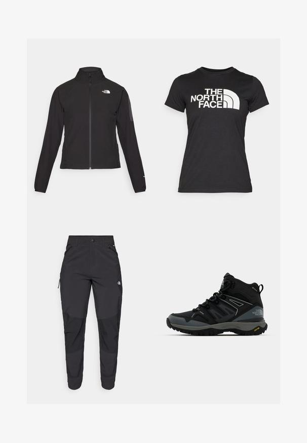 Svart zip-up jakke med høy krage, teksturert stoff, og logo på venstre bryst. Har lange ermer og en tettsittende design.; Svarte T-skjorter laget av bomull med korte ermer. Har en stor hvit logo-tekst og buet grafikk på forsiden. Glatt tekstur.; Svart utendørsbukser laget av slitesterkt stoff. Har glidelåslommer, forsterkede knær og en rett skjæring for bevegelighet.; Mellomhøy tursko i svart og grått. Har en teksturert overdel, forsterket tå og Vibram såle for bedre grep. Lett design.