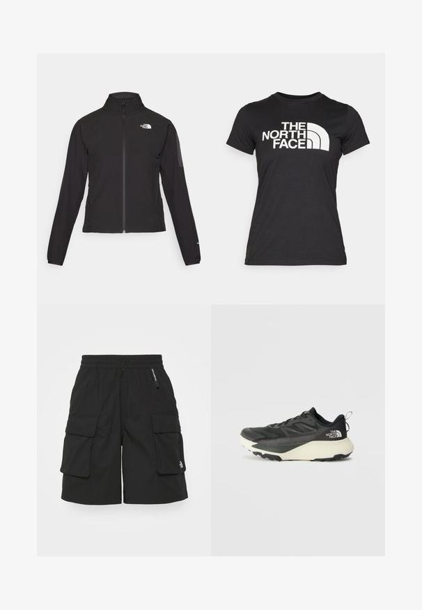 Mustat vetoketjullinen takki, jossa on korkea kaulus, teksturoitu kangas ja logo vasemmassa rinnassa. Ominaisuuksiin kuuluvat pitkät hihat ja slim fit -muotoilu.; Mustapaita, joka on valmistettu puuvillasta, lyhythihainen. Edessä on suuri valkoinen logoteksti ja kaareva graafinen kuva. Sileä pinta.; Mustat cargo-shortsit, jotka on valmistettu kevyestä kankaasta. Niissä on joustava vyötärö, kaksi sivutaskua ja pieni logo lahkeessa.; Musta urheilukengä, jossa on teksturoitu päällinen, harmaita yksityiskohtia ja valkoinen välipohja. Sisältää vetotagin ja näkyvän tuotemerkin logon kantapäässä.