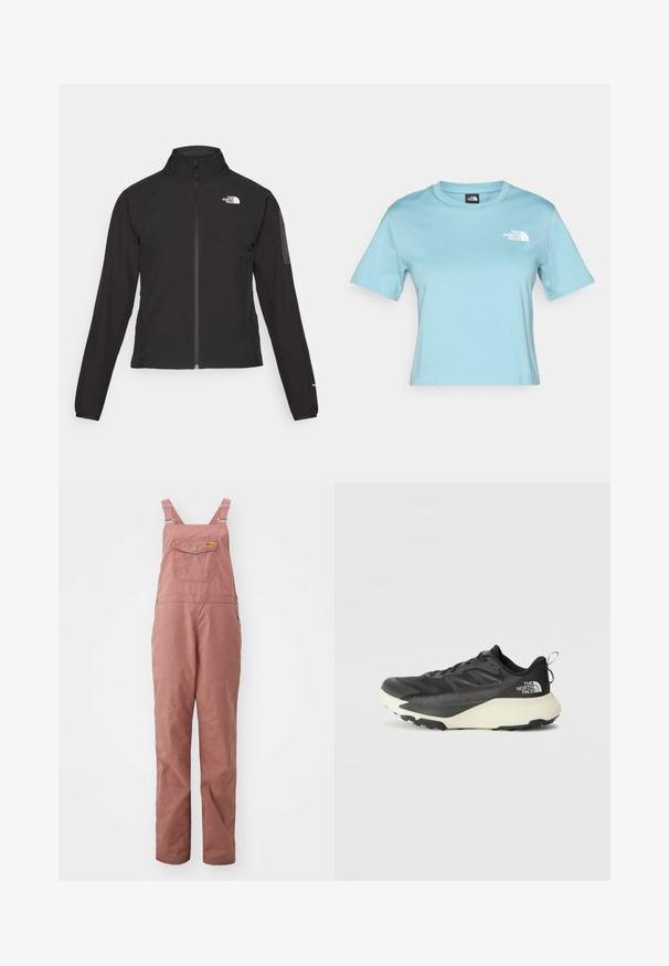 Čierna bunda na zips s vysokým golierom, textúrovanou tkaninou a logom na ľavej hrudi. Má dlhé rukávy a priliehavý strih.; Svetlo modré bavlnené tričko s krátkymi rukávmi a okrúhlym výstrihom. Obsahuje malé biele logo na hrudi a má voľný strih.; Fjällräven VARDAG DUNGAREE TROUSERS W - Outdoorové nohavice - dusty rose; Čierna atletická obuv s textúrovaným vrchom, s šedými akcentmi a bielou medzipodrážkou. Obsahuje pútko a výrazné logo značky na päte.