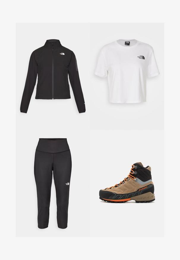 Fekete, cipzáros dzseki magas gallérral, texturált anyagból, bal mellen logóval. Hosszú ujjak és testhezálló fazon jellemzi.; Fehér, pamutból készült, rövid ujjú, kerek nyakú cropped póló. A bal mellen fekete logó található.; Fekete capri leggings, rugalmas anyagból készült, magas derékkal és egy kis fehér logóval a bal oldalon. Sima tapintású.; Beige és fekete magas szárú túracipő, narancssárga fűzőkkel, gumírozott orral, texturált felsőrésszel és strapabíró talppal. Erősített bokatámasszal rendelkezik.