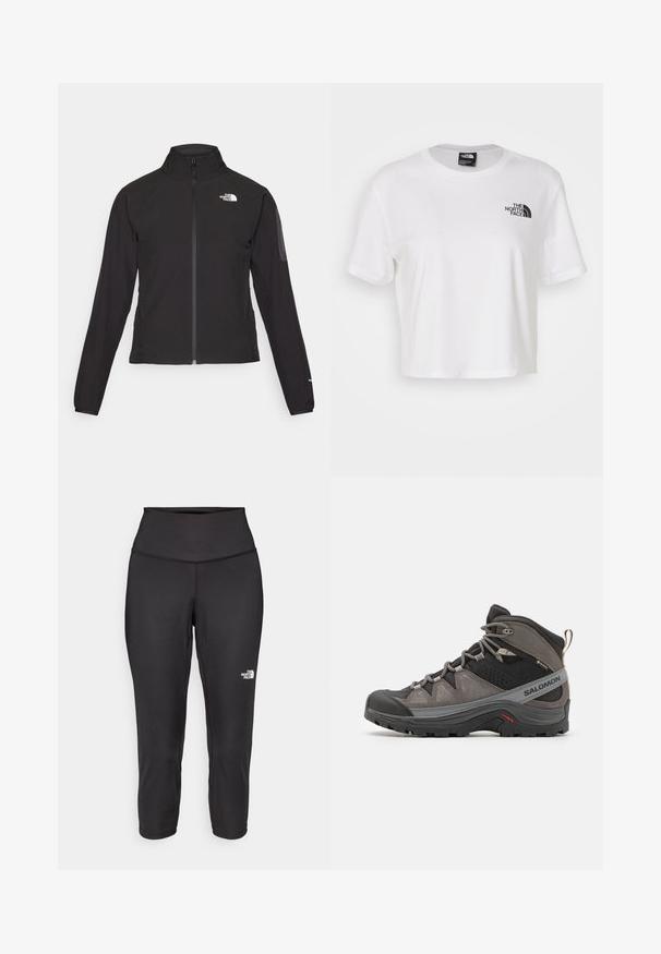 Svart zip-up jakke med høy krage, teksturert stoff, og logo på venstre bryst. Har lange ermer og en tettsittende design.; Hvit avkortet t-skjorte laget av bomull med rund hals og korte ermer. Har en svart logo på venstre bryst.; Sorte capri leggings laget av elastisk stoff, med høy midje og en liten hvit logo på venstre side. Glatt tekstur.; Grå og svart halvhøy tursko med tykk såle, mønstrede snører, "Salomon"-logo og Gore-Tex-merke, vist fra yttersiden.