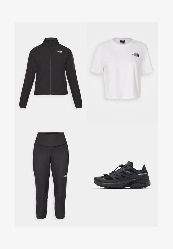 Mustat vetoketjullinen takki, jossa on korkea kaulus, teksturoitu kangas ja logo vasemmassa rinnassa. Ominaisuuksiin kuuluvat pitkät hihat ja slim fit -muotoilu.; Valkoinen lyhythihainen puuvillapaita, jossa on pyöreä kaula-aukko ja lyhyet hihat. Paidassa on musta logo vasemmassa rinnassa.; Mustat capri-collegehousut, jotka on valmistettu joustavasta kankaasta. Ne sisältävät korkean vyötärön ja pienen valkoisen logon vasemmalla puolella. Silkkinen pinta.; Musta urheilujalkine, joka on valmistettu hengittävästä verkkokankaasta ja kumista. Siinä on tyylikäs muotoilu, nopea nauhoitusjärjestelmä ja rakenteellinen pohja pidon varmistamiseksi.