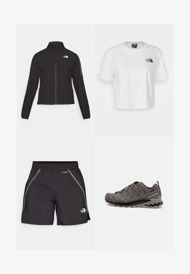 Mustat vetoketjullinen takki, jossa on korkea kaulus, teksturoitu kangas ja logo vasemmassa rinnassa. Ominaisuuksiin kuuluvat pitkät hihat ja slim fit -muotoilu.; Valkoinen lyhythihainen puuvillapaita, jossa on pyöreä kaula-aukko ja lyhyet hihat. Paidassa on musta logo vasemmassa rinnassa.; Mustat urheilushortsit, jotka on valmistettu kevyestä materiaalista, sisältävät joustavan vyötärön, heijastavia yksityiskohtia ja "The North Face" -logon vasemmalla puolella.; Housut harmaat ulkoilujalkineet, joissa on verkko- ja synteettinen yläosa, pehmustettu nilkkaosa ja kuvioitu pohja syvillä urilla pidon parantamiseksi. Säädettävä nauhaku süsteemi.