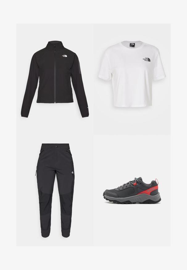 Black zip-up jacket with a high collar, textured fabric, and logo on the left chest. Features long sleeves and a fitted design.; White cropped t-shirt made of cotton with a round neckline and short sleeves. Features a black logo on the left chest.; Black outdoor pants made of durable fabric. Feature zippered pockets, reinforced knee panels, and a straight cut design for mobility.; Gray outdoor sneaker with mesh upper, red and aqua accents, round laces, cushioned sole, and rugged black rubber outsole for traction.