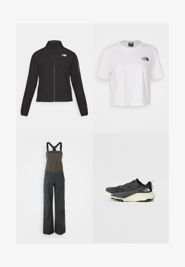 Čierna bunda na zips s vysokým golierom, textúrovanou tkaninou a logom na ľavej hrudi. Má dlhé rukávy a priliehavý strih.; Biela skrátená tričká vyrobené z bavlny s okrúhlym výstrihom a krátkymi rukávmi. Obsahuje čierne logo na ľavej hrudi.; Izolované overall nohavice v tmavomodrej a olivovo zelenej farbe, s nastaviteľnými popruhmi, bočnými zipsami a jemnou textúrou. Obsahujú zosilnené spodné lemy.; Čierna atletická obuv s textúrovaným vrchom, s šedými akcentmi a bielou medzipodrážkou. Obsahuje pútko a výrazné logo značky na päte.