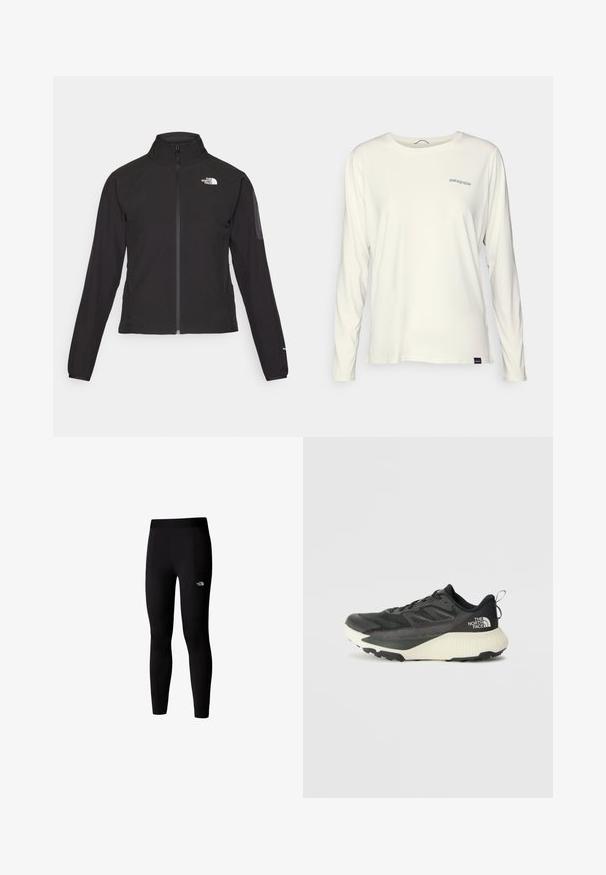 Mustat vetoketjullinen takki, jossa on korkea kaulus, teksturoitu kangas ja logo vasemmassa rinnassa. Ominaisuuksiin kuuluvat pitkät hihat ja slim fit -muotoilu.; Pitkähiha, pyöreällä kaula-aukon t-paita luonnonvalkoinen puuvillasta. Siinä on sininen Patagonia-logo vasemmassa rinnassa ja se on muotoonommeltu.; Mustat urheilulegginsit, jotka on valmistettu joustavasta kankaasta. Varustettu leveällä vyötärönauhalla ja sivutaskuilla. Yksinkertainen muotoilu ilman kuvioita tai koristeita.; Musta urheilukengä, jossa on teksturoitu päällinen, harmaita yksityiskohtia ja valkoinen välipohja. Sisältää vetotagin ja näkyvän tuotemerkin logon kantapäässä.