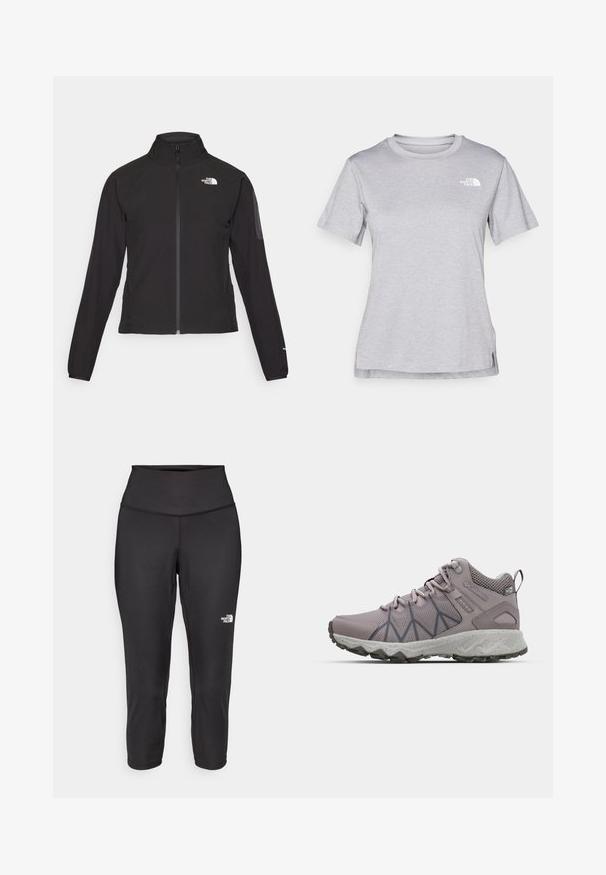 Mustmustabiga must jakk, millel on kõrge krae, tekstureeritud kangas ja logo vasakul rinnal. Omab pikki varrukaid ja sobivat disaini.; Hall juppuvarrega, pehmeast, niiskust eemaletõukavast kangast lühikeste varrukatega hall T-särk. Omab ümarat kaelust ning väikest valget logo vasakul ülal.; Mustad mustad capri retuusid on valmistatud elastsetest kangast, millel on kõrge vöökoht ja väike valge logo vasakul küljel. Sile tekstuur.; Heledad helesed purple hiking shoes, mille ja sünteetiliste pealistega, külgedel tekstuurilised mustrid, pehme vahekiht ja jäme kummist tallad.